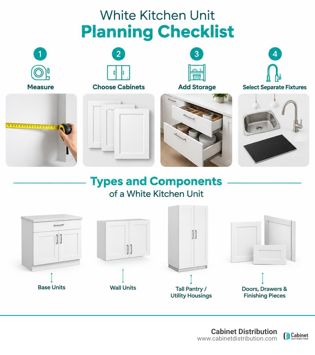 White kitchen unit planning checklist: measure, choose cabinets, add storage, select separate fixtures infographic White kitchen unit planning checklist: measure, choose cabinets, add storage, select separate fixtures infographic