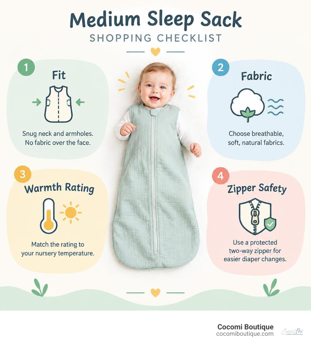 Medium sleep sack shopping checklist: fit, fabric, warmth rating, and zipper safety infographic