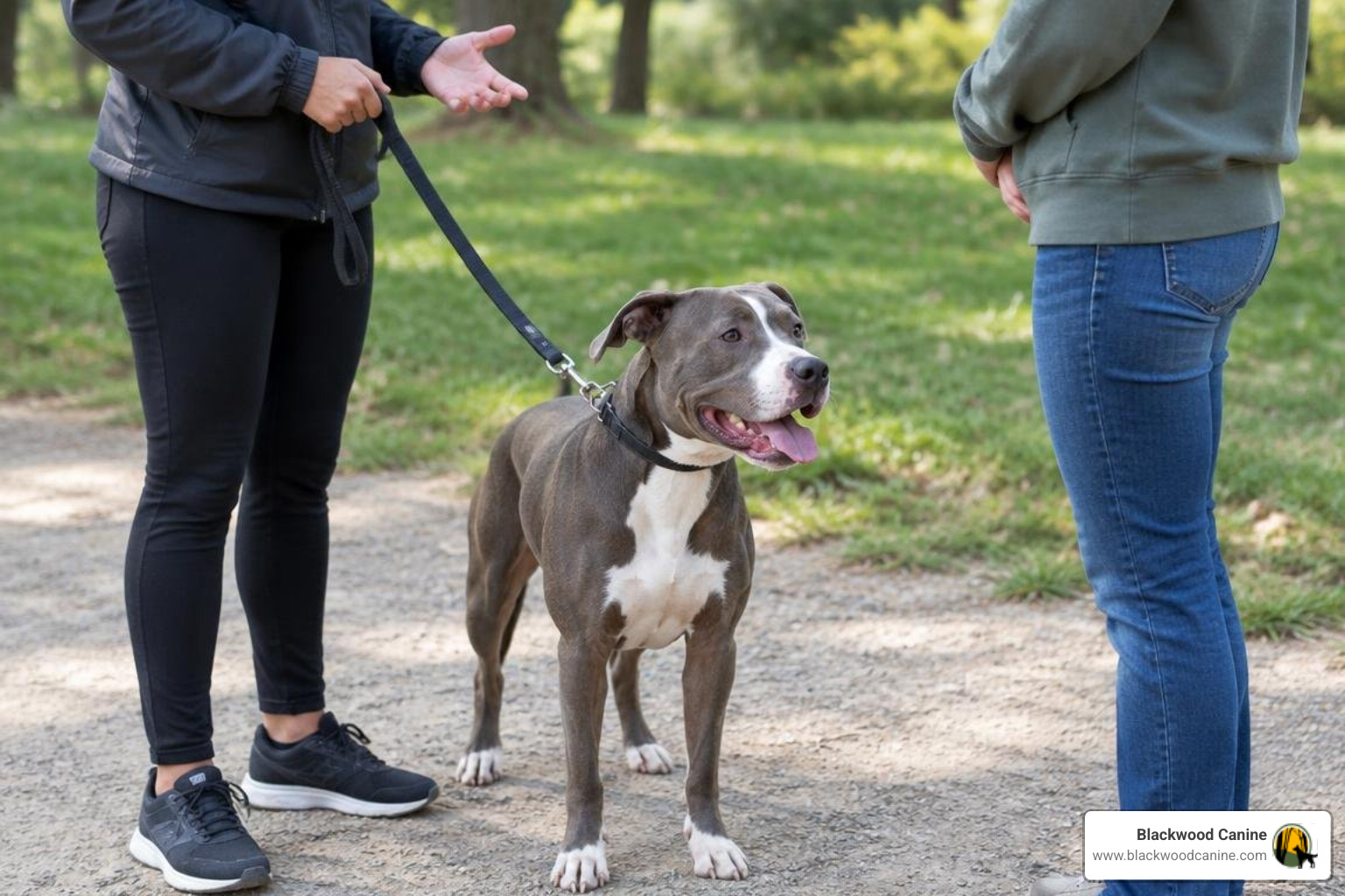 Professional dog trainer working one on one with an owner outdoors