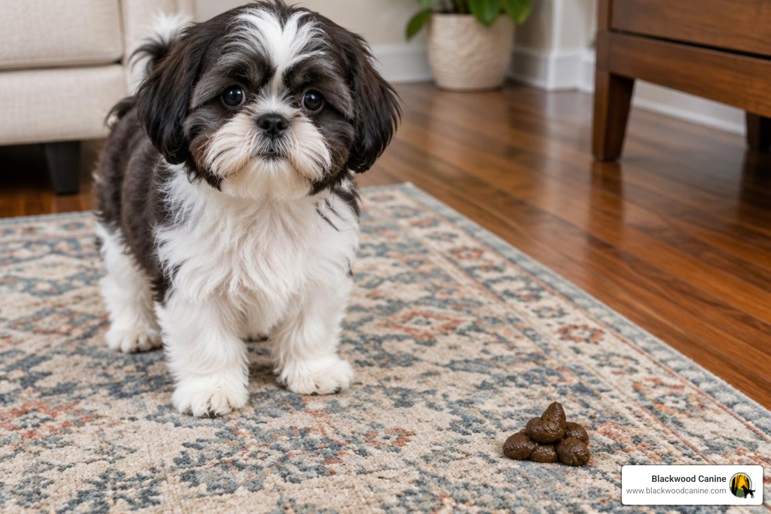 Puppy sniffing a living room rug before an accident Puppy sniffing a living room rug before an accident