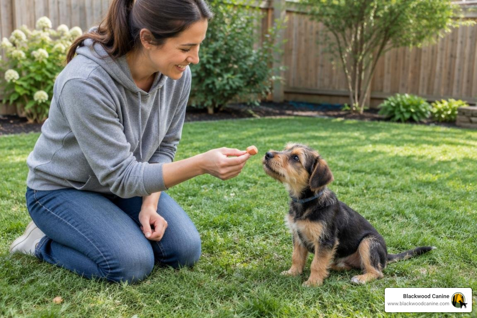Owner giving a high-value treat to a puppy sitting outside on the grass Owner giving a high-value treat to a puppy sitting outside on the grass