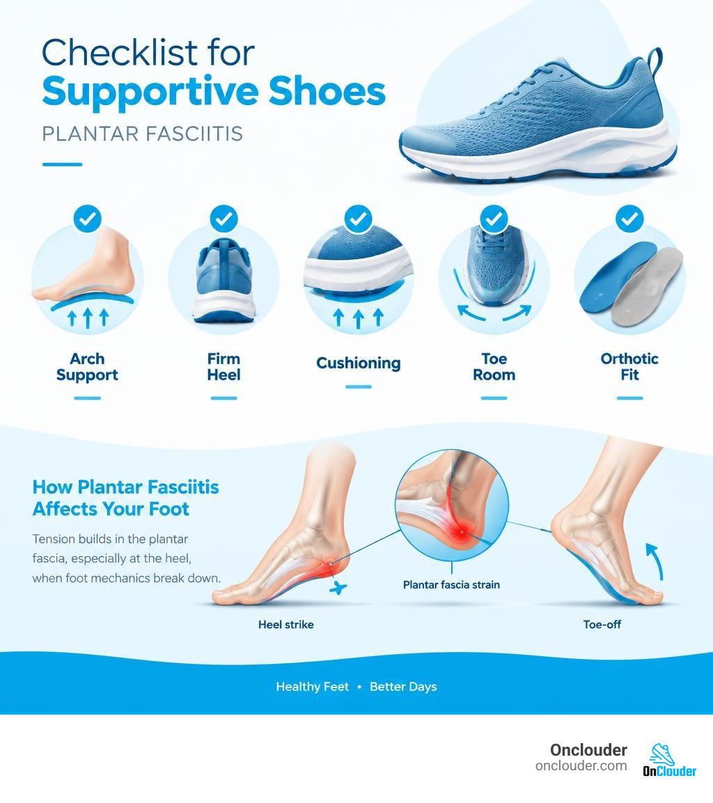 Checklist of arch support, firm heel, cushioning, toe room, and orthotic fit infographic Checklist of arch support, firm heel, cushioning, toe room, and orthotic fit infographic