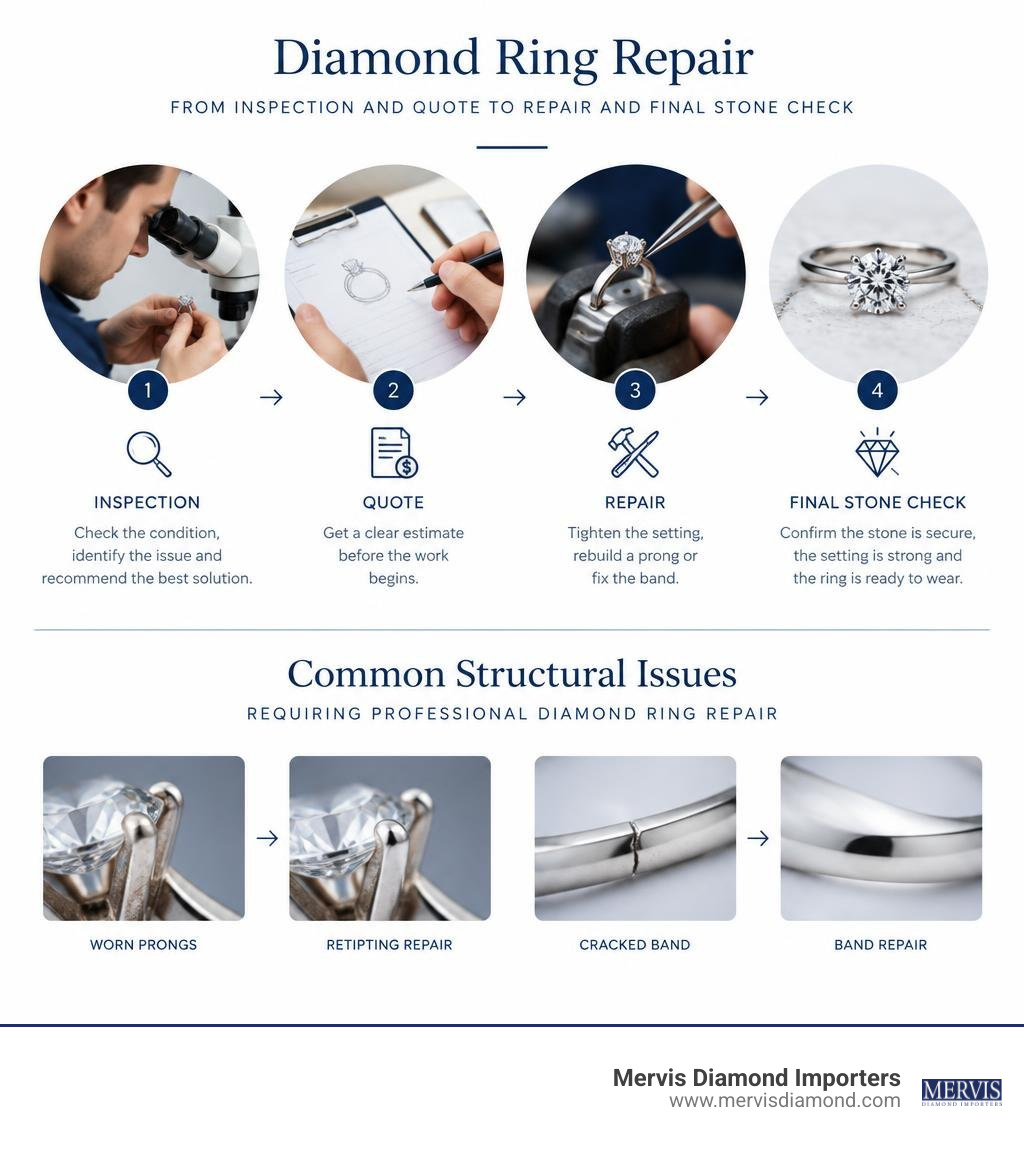 Diamond ring repair workflow from inspection and quote to repair and final stone check infographic Diamond ring repair workflow from inspection and quote to repair and final stone check infographic