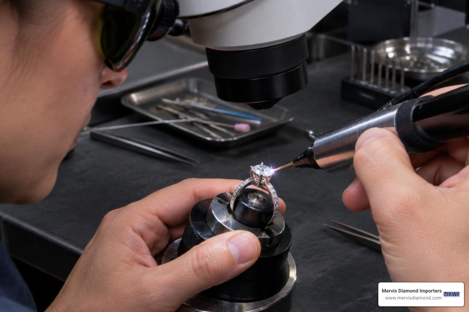 jeweler laser welding a diamond ring prong at a bench jeweler laser welding a diamond ring prong at a bench