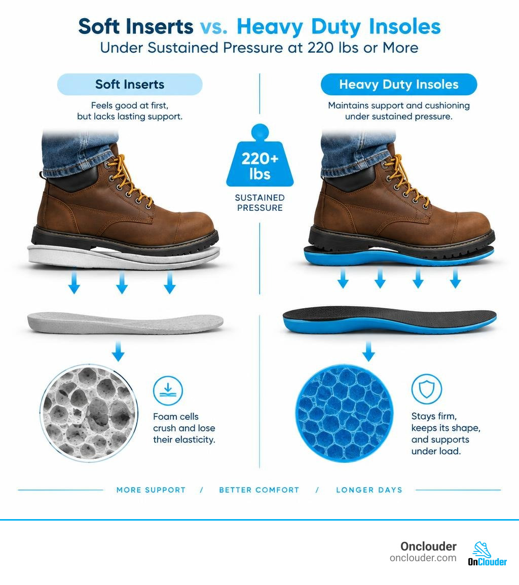 Comparison of soft inserts and heavy duty insoles under sustained pressure at 220 lbs or more infographic Comparison of soft inserts and heavy duty insoles under sustained pressure at 220 lbs or more infographic