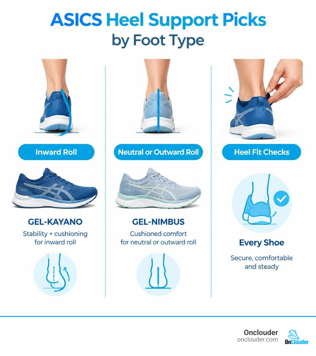 ASICS heel support picks by foot type: GEL-KAYANO for inward roll, GEL-NIMBUS for neutral or outward roll, and heel fit