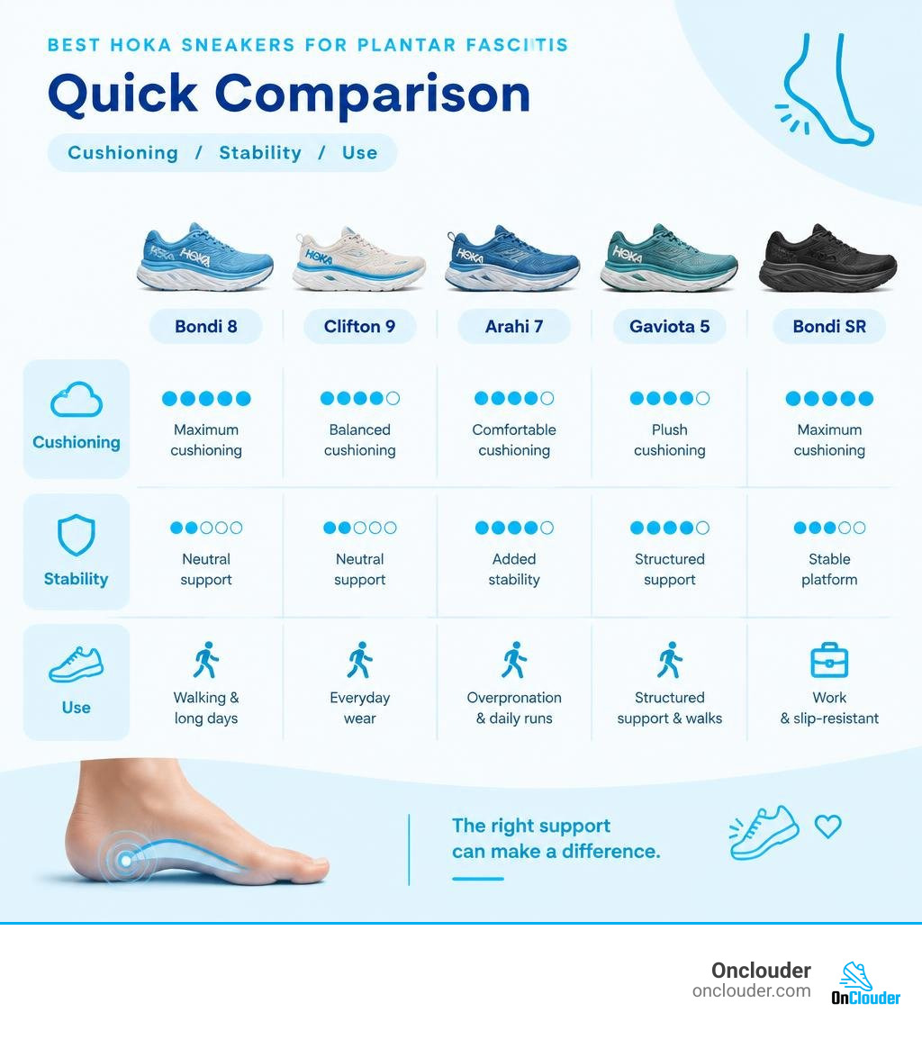 Comparison of Bondi 8, Clifton 9, Arahi 7, Gaviota 5, and Bondi SR by cushioning, stability, and use infographic