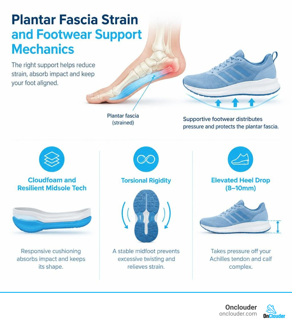 Plantar fascia strain and footwear support mechanics infographic Plantar fascia strain and footwear support mechanics infographic