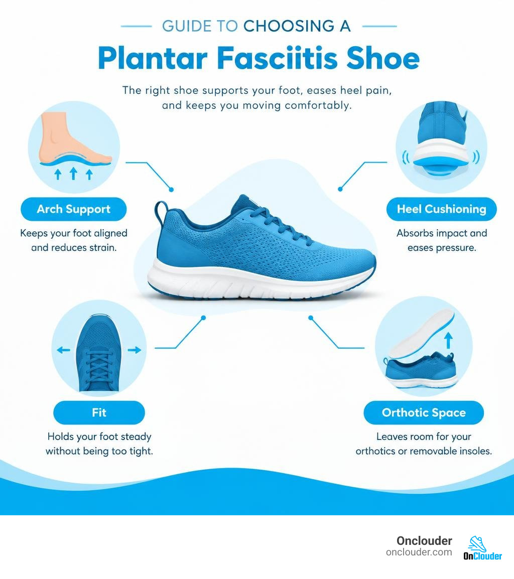 Guide to choosing a plantar fasciitis shoe by arch support, heel cushioning, fit, and orthotic space infographic Guide to choosing a plantar fasciitis shoe by arch support, heel cushioning, fit, and orthotic space infographic