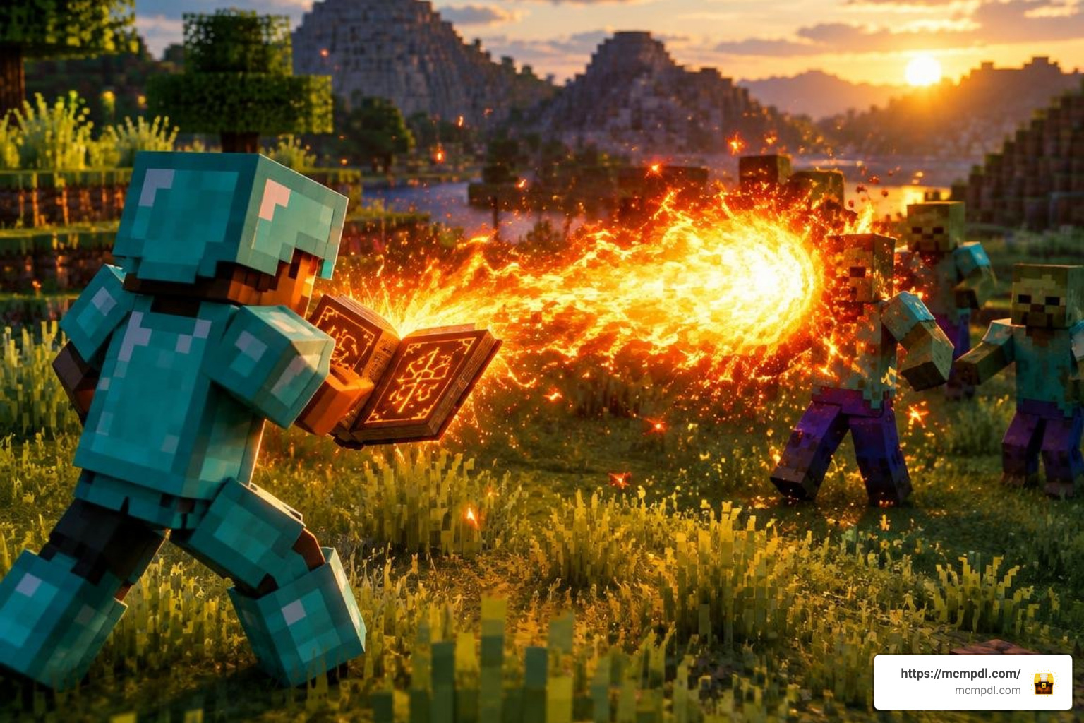 Player casting an elemental fire spell using a custom spellbook Player casting an elemental fire spell using a custom spellbook
