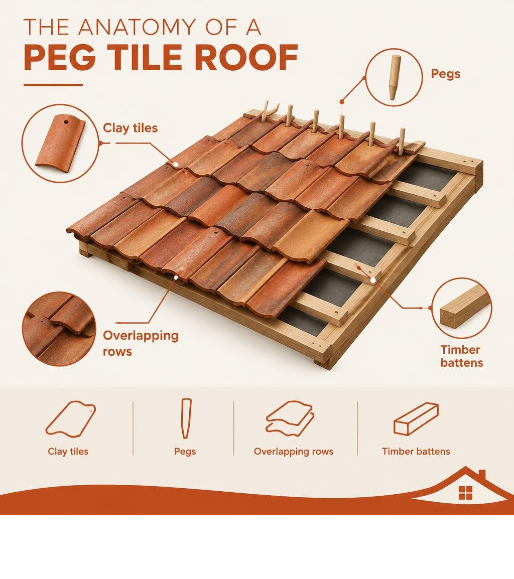 anatomy of a peg tile roof showing clay tiles, pegs, overlapping rows, and timber battens infographic