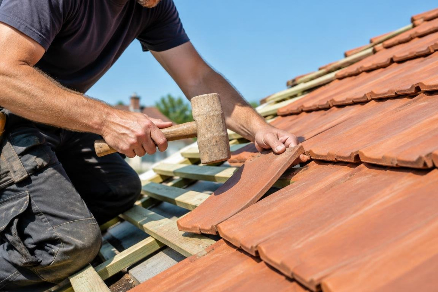 craftsman hand-hanging clay peg tiles on treated timber battens