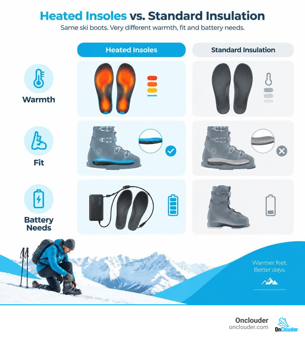 Comparison of heated insoles and standard ski boot insulation for warmth, fit, and battery needs infographic Comparison of heated insoles and standard ski boot insulation for warmth, fit, and battery needs infographic