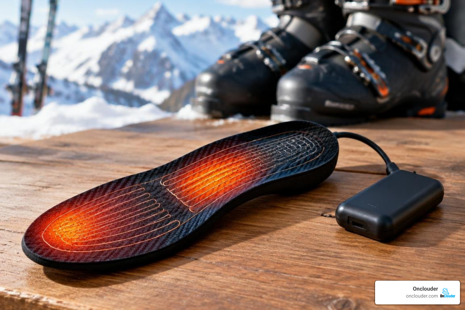 High-tech heated insole showing heating zones and external battery pack High-tech heated insole showing heating zones and external battery pack