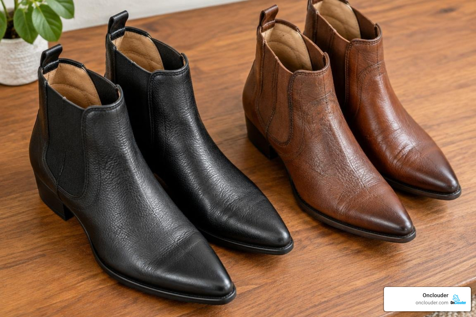 pointed boot materials showing leather textures and cushioned footbeds