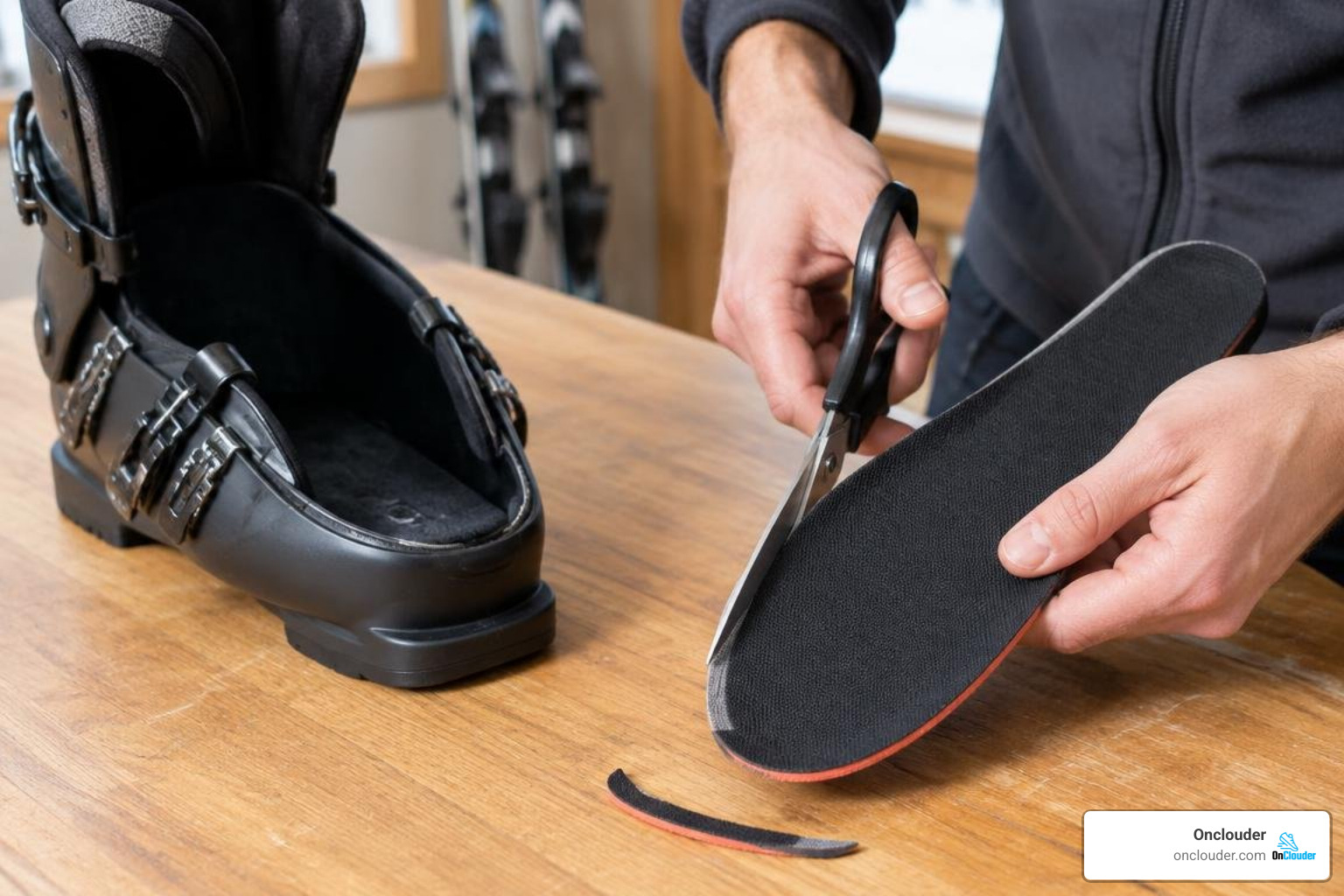 Trimming a heated insole with scissors to match a ski boot shell footbed Trimming a heated insole with scissors to match a ski boot shell footbed