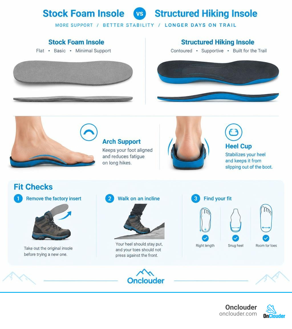 Stock foam insole versus structured hiking insole, with arch support, heel cup, and fit checks infographic Stock foam insole versus structured hiking insole, with arch support, heel cup, and fit checks infographic