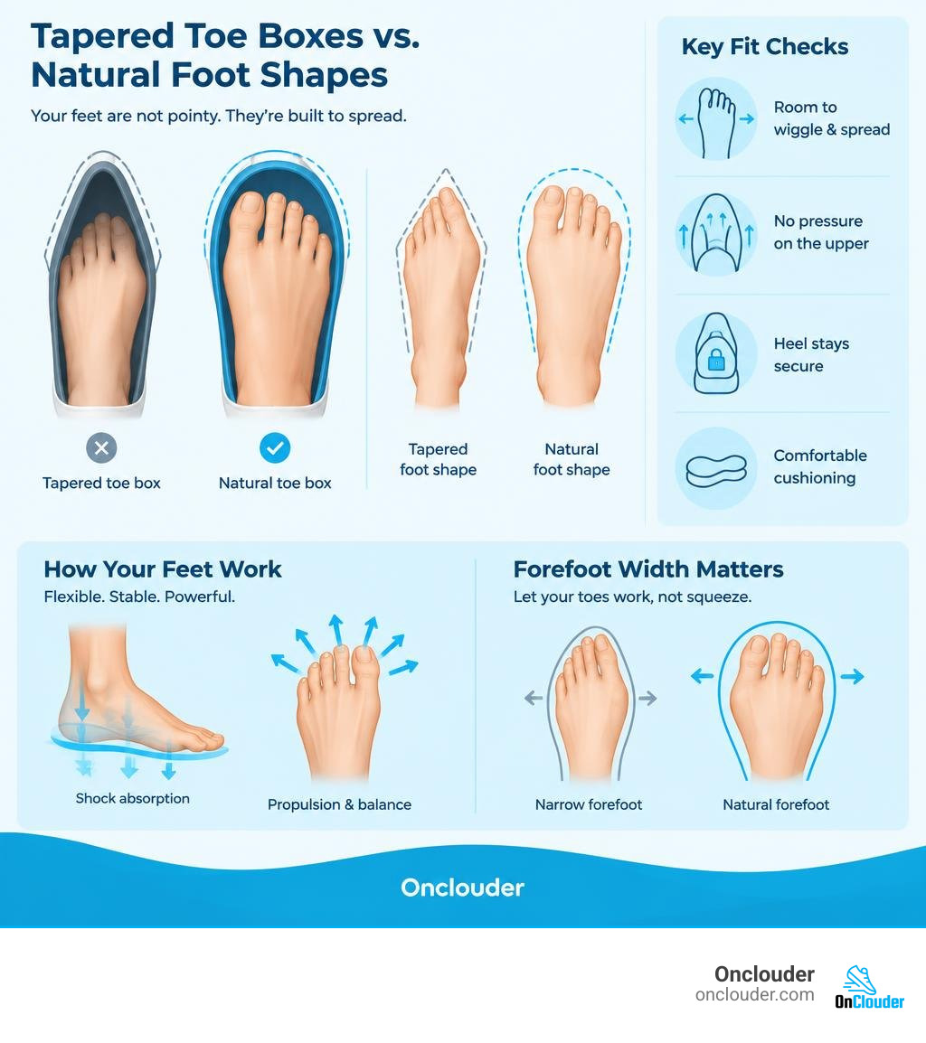 Comparison of tapered shoe toe boxes and natural foot shapes, with key fit checks infographic Comparison of tapered shoe toe boxes and natural foot shapes, with key fit checks infographic