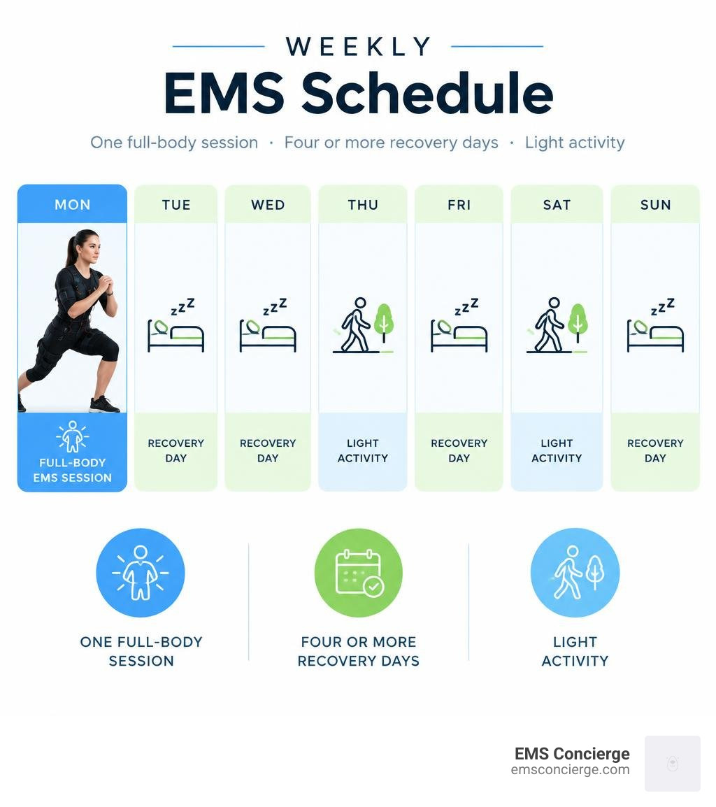 Weekly EMS schedule showing one full-body session, four or more recovery days, and light activity infographic Weekly EMS schedule showing one full-body session, four or more recovery days, and light activity infographic