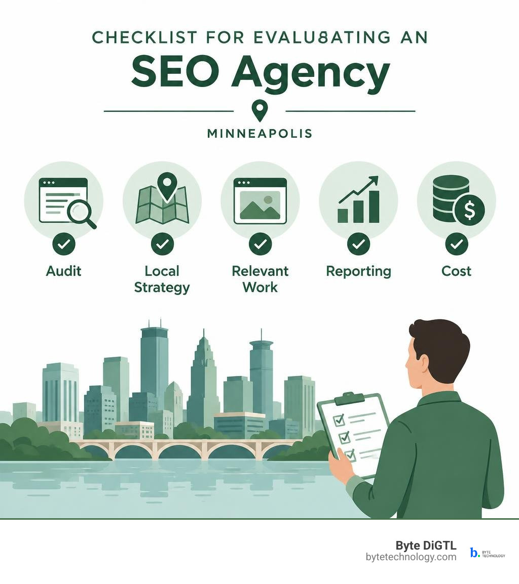 Checklist for evaluating an SEO agency: audit, local strategy, relevant work, reporting, and cost infographic Checklist for evaluating an SEO agency: audit, local strategy, relevant work, reporting, and cost infographic