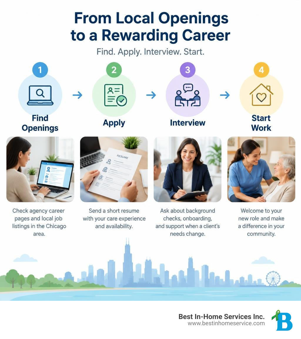 Steps from finding local caregiver openings to applying, interviewing, and starting work infographic Steps from finding local caregiver openings to applying, interviewing, and starting work infographic