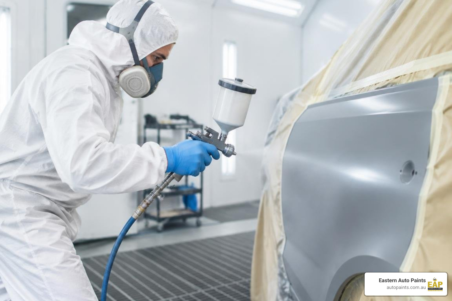 Professional spray painter applying primer to a prepared car panel in a modern workshop