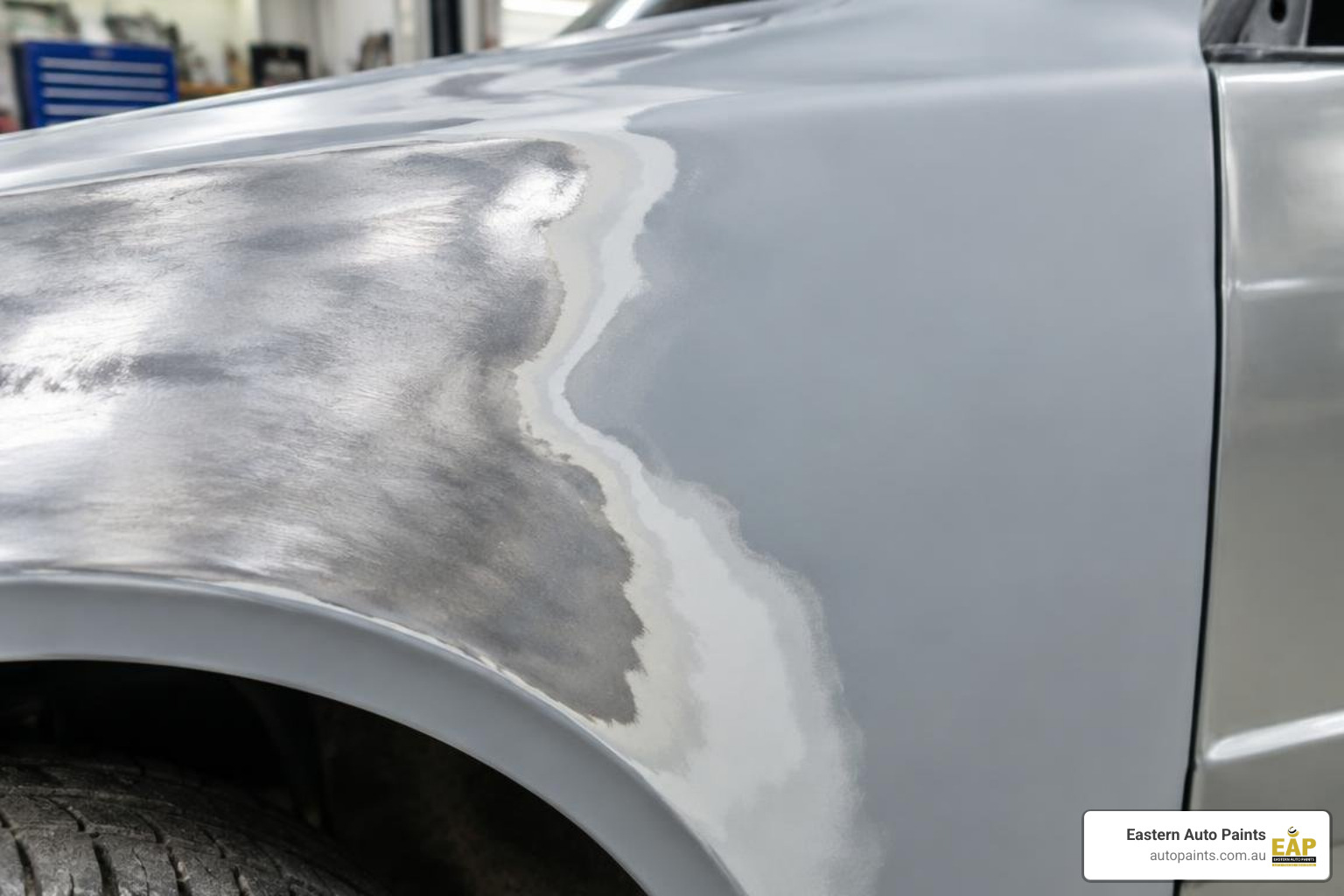 Automotive panel preparation showcasing feathered bare metal and intermediate primer layers