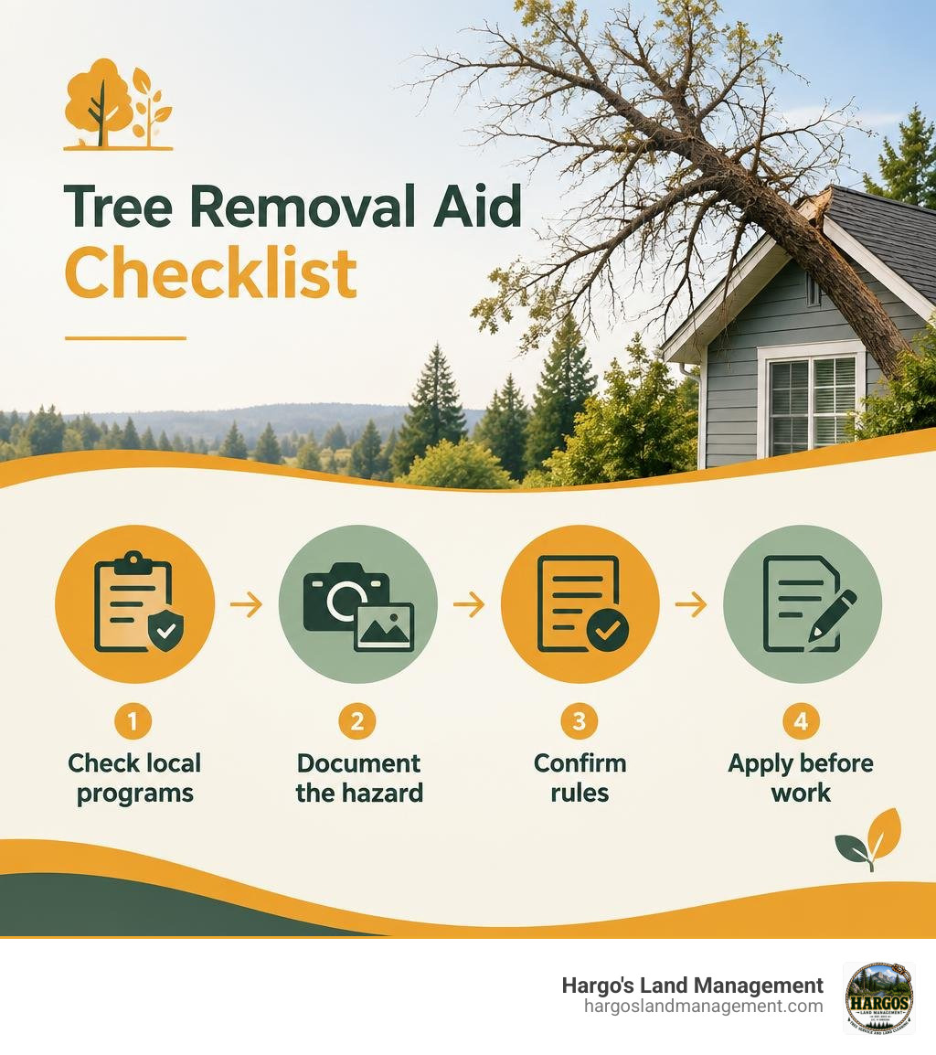 Tree removal aid checklist: check local programs, document the hazard, confirm rules, apply before work infographic Tree removal aid checklist: check local programs, document the hazard, confirm rules, apply before work infographic