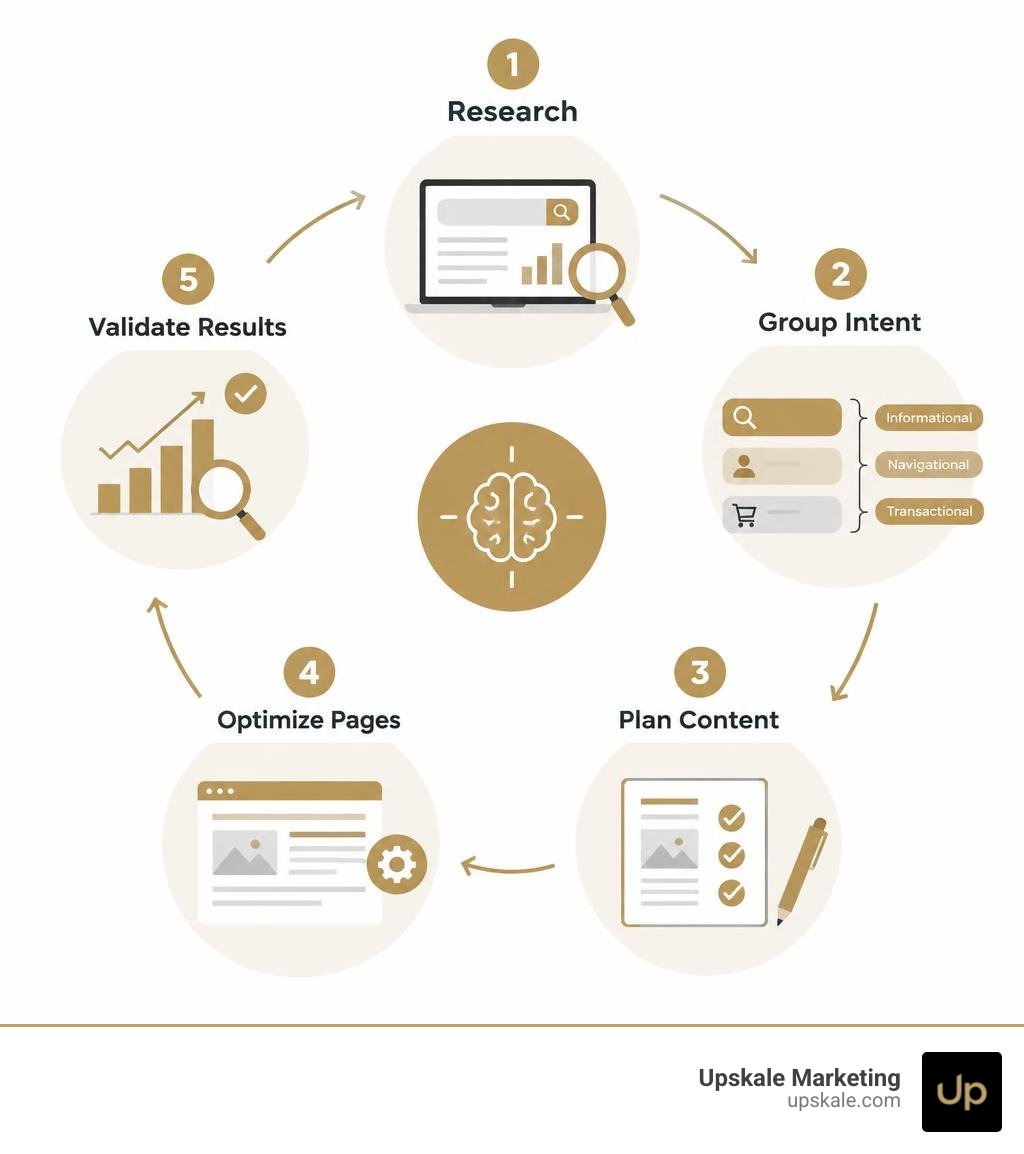 Workflow for GPT SEO prompts: research, group intent, plan content, optimize pages, validate results infographic Workflow for GPT SEO prompts: research, group intent, plan content, optimize pages, validate results infographic