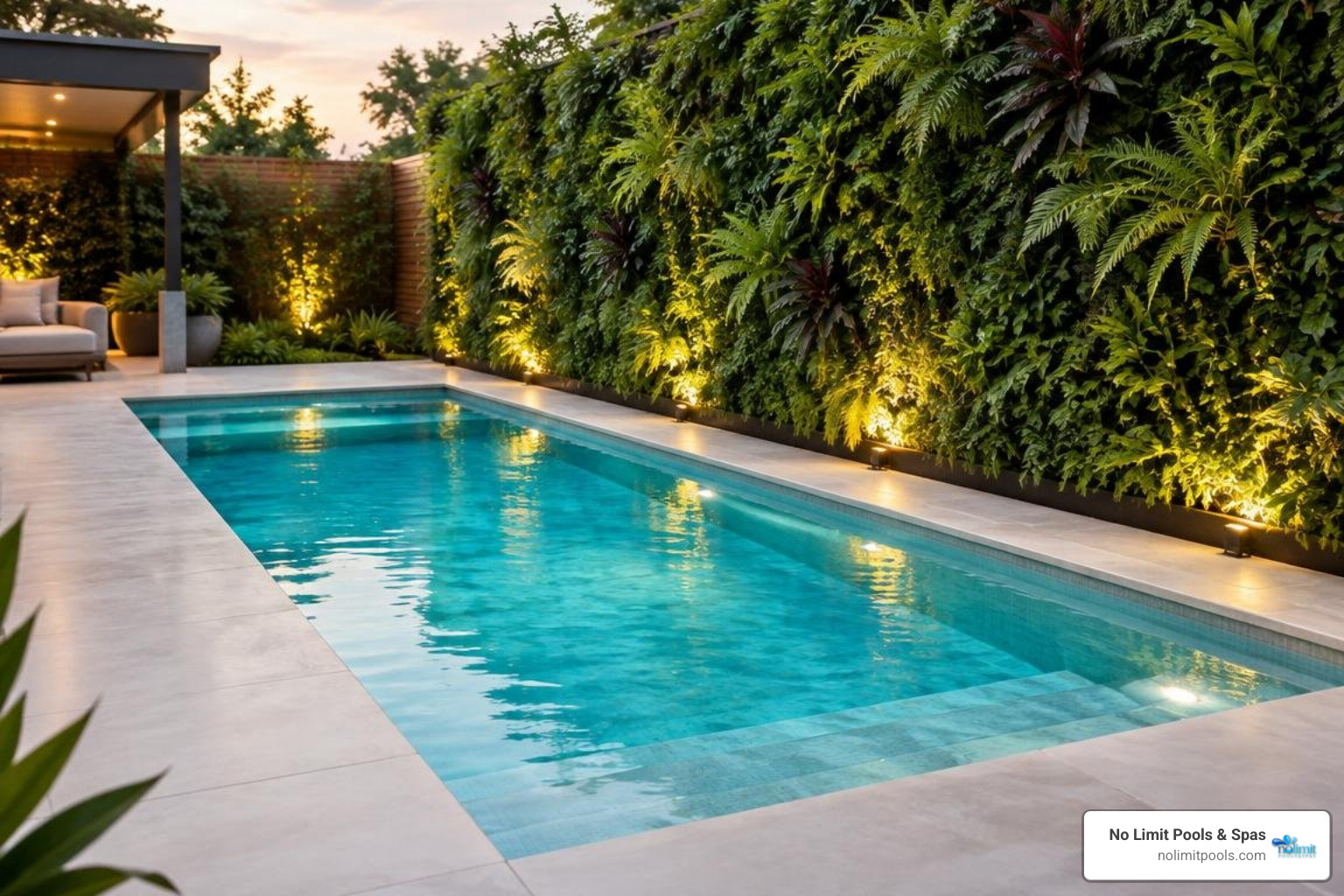 Modern small pool with porcelain pavers and vertical garden Modern small pool with porcelain pavers and vertical garden