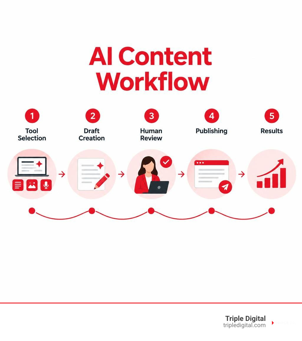AI content workflow showing tool selection, draft creation, human review, publishing, and results infographic AI content workflow showing tool selection, draft creation, human review, publishing, and results infographic