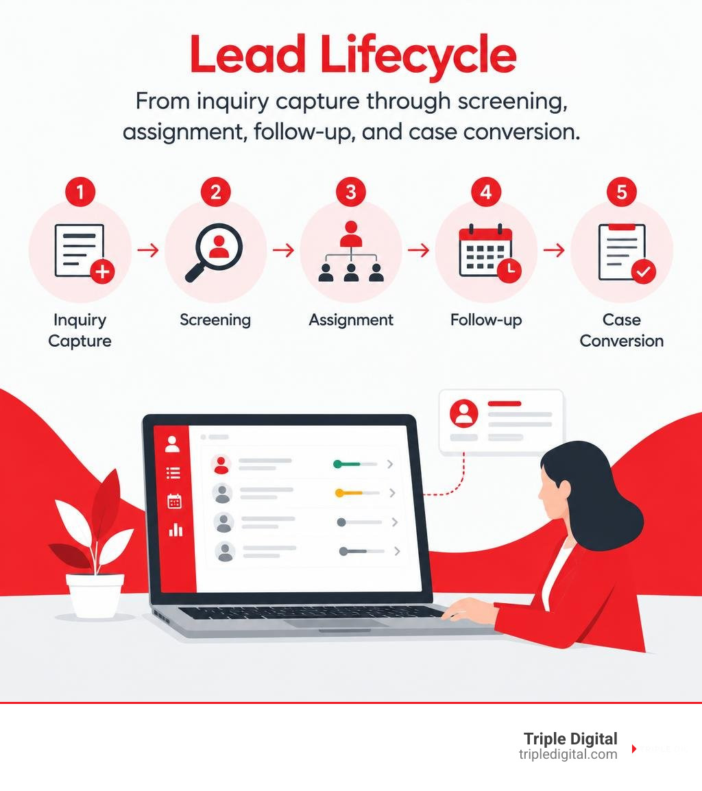 Lead lifecycle from inquiry capture through screening, assignment, follow-up, and case conversion infographic Lead lifecycle from inquiry capture through screening, assignment, follow-up, and case conversion infographic