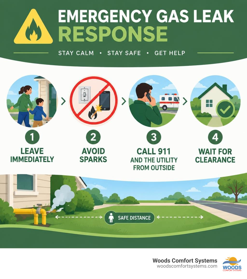 Emergency gas leak response: leave immediately, avoid sparks, call 911 and the utility from outside, wait for clearance