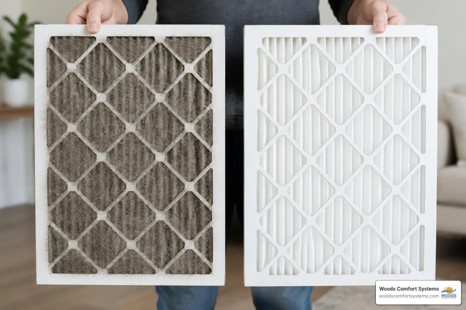 Dirty furnace air filter covered in heavy dust shown beside a clean white filter Dirty furnace air filter covered in heavy dust shown beside a clean white filter