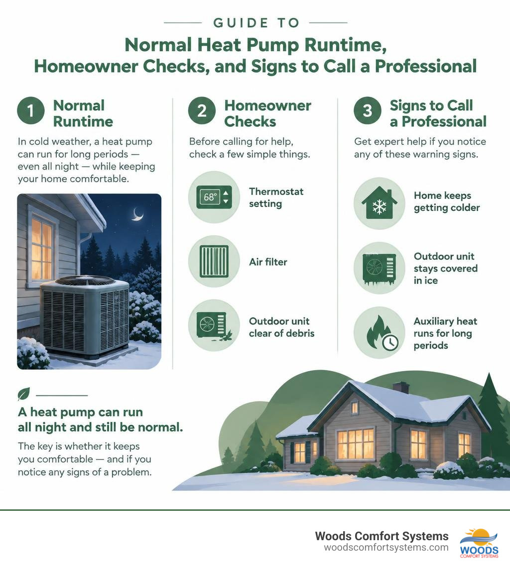 Guide to normal heat pump runtime, homeowner checks, and signs to call a professional infographic Guide to normal heat pump runtime, homeowner checks, and signs to call a professional infographic