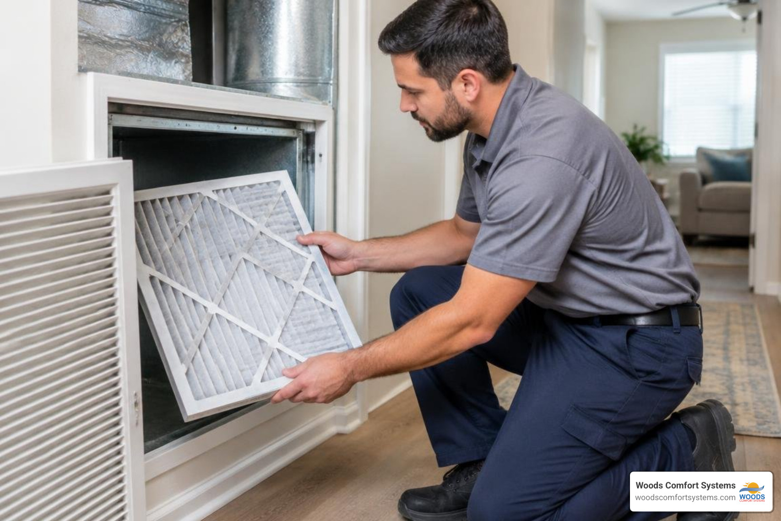 HVAC technician inspecting a clean residential air filter and ductwork HVAC technician inspecting a clean residential air filter and ductwork