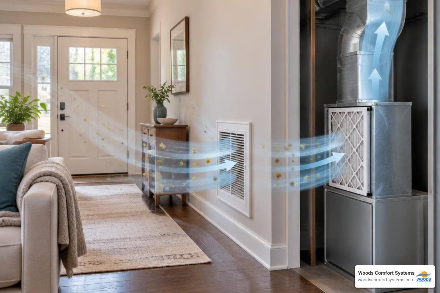 Simple illustration of household allergen pathways and residential HVAC airflow Simple illustration of household allergen pathways and residential HVAC airflow