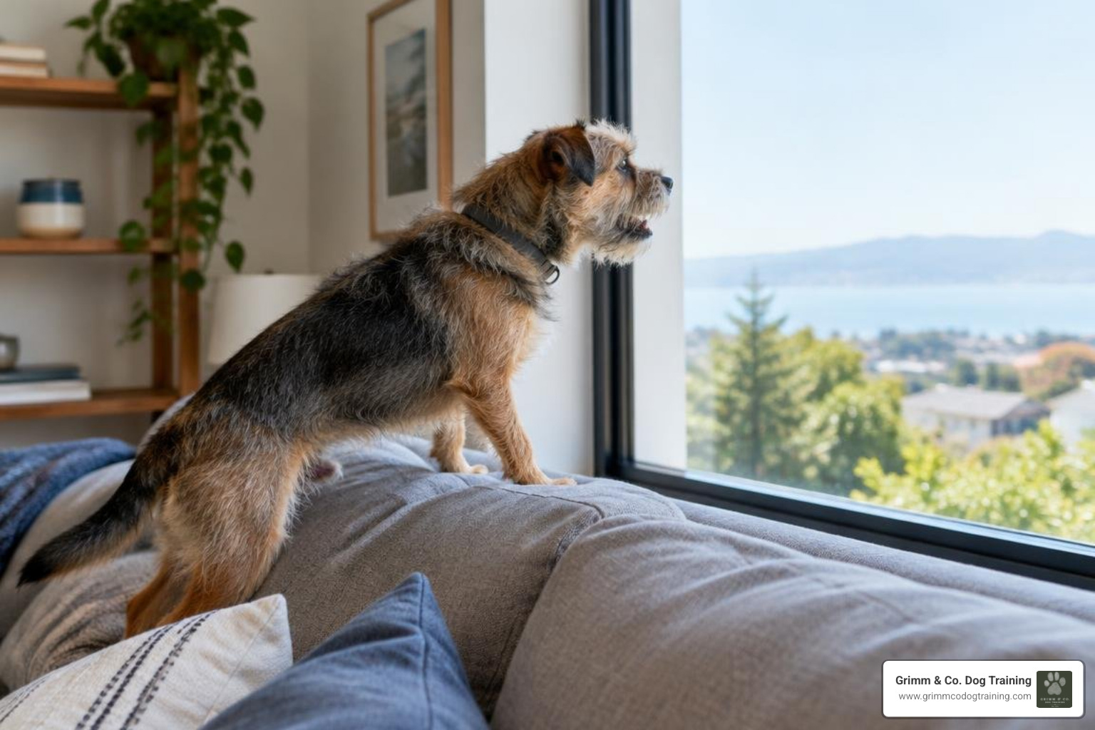 a reactive border terrier mix in Daly City California getting aroused and over stimulated at something out the window, creating nuisance and aggressive barking a reactive border terrier mix in Daly City California getting aroused and over stimulated at something out the window, creating nuisance and aggressive barking