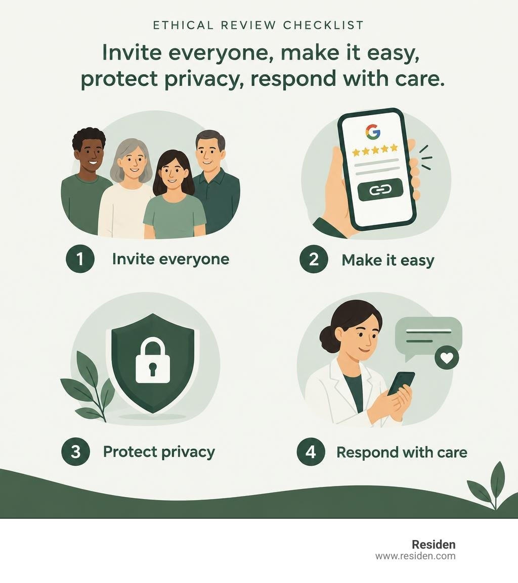 Ethical review checklist: invite everyone, make it easy, protect privacy, respond with care infographic Ethical review checklist: invite everyone, make it easy, protect privacy, respond with care infographic