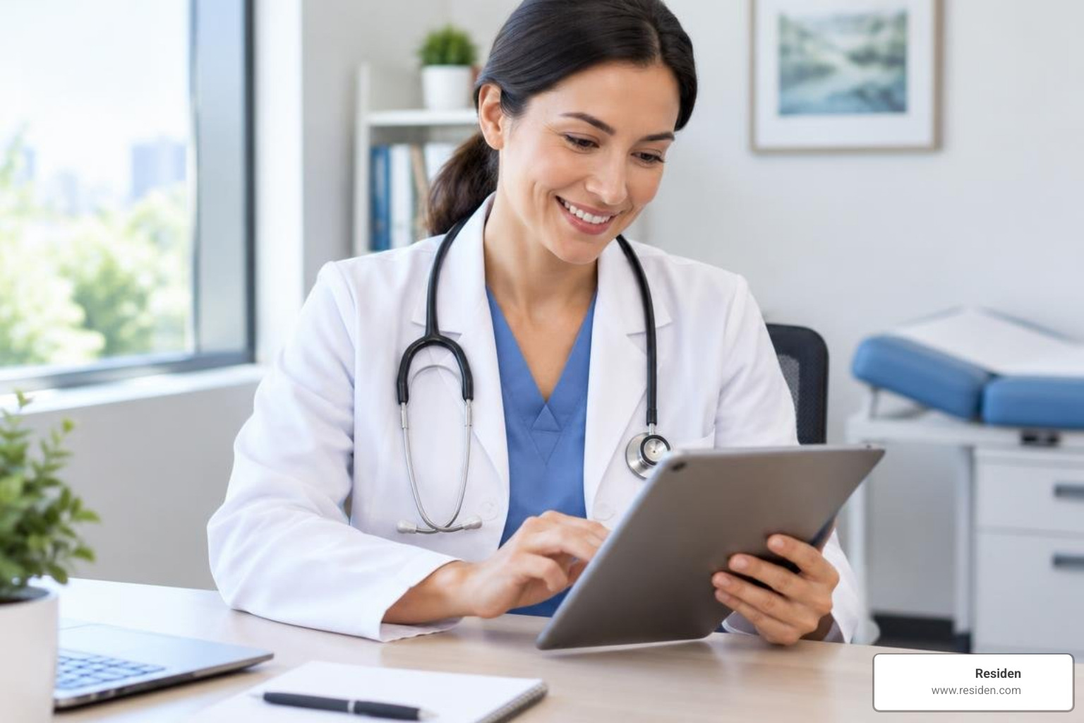 Doctor reviewing patient feedback on a digital tablet
