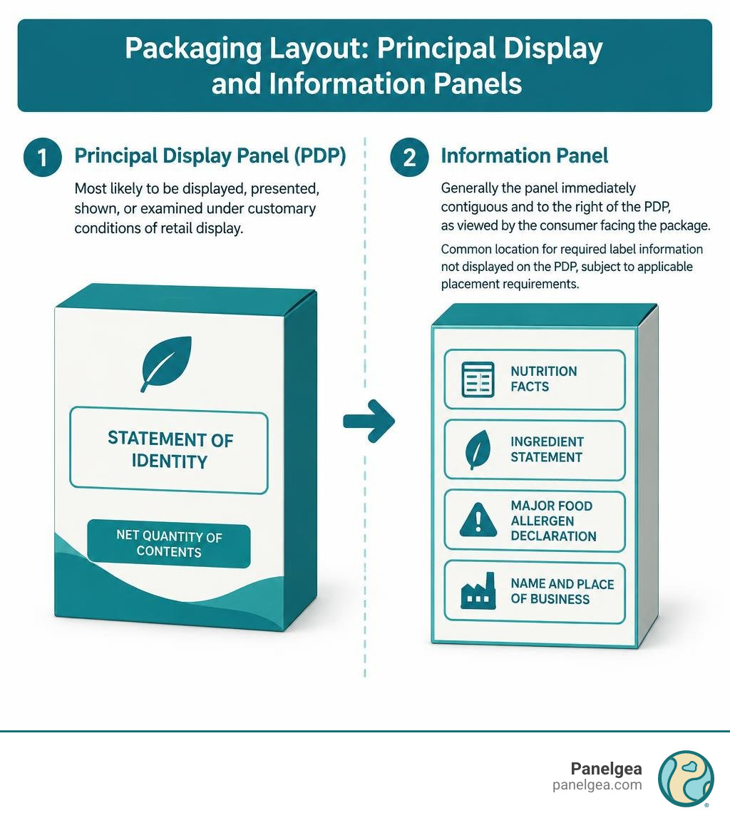 Packaging layout showing the Principal Display Panel and Information Panel under FDA labeling rules infographic