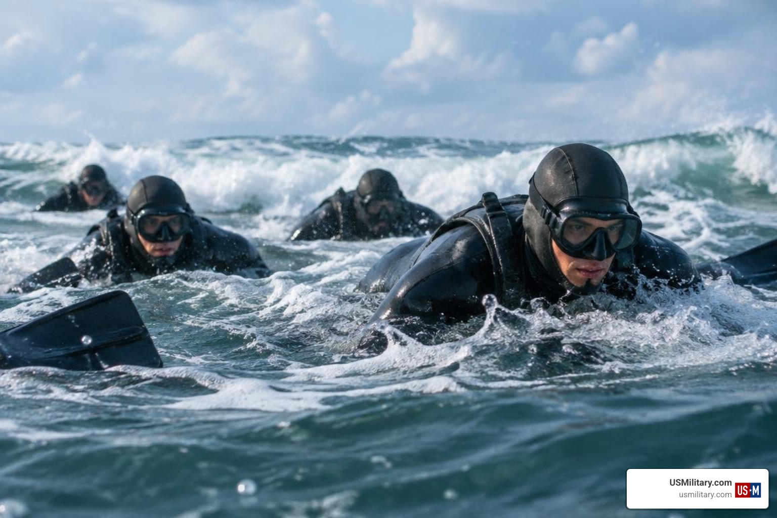 U.S. Navy SEAL candidates swimming through ocean surf with fins