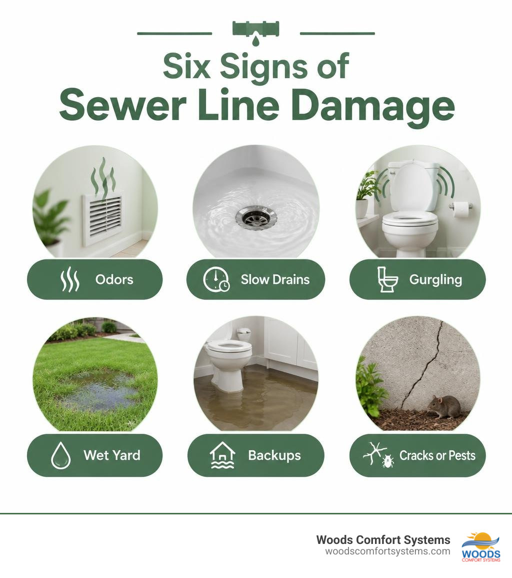 Six sewer warning signs: odors, slow drains, gurgling, wet yard, backups, and cracks or pests infographic Six sewer warning signs: odors, slow drains, gurgling, wet yard, backups, and cracks or pests infographic