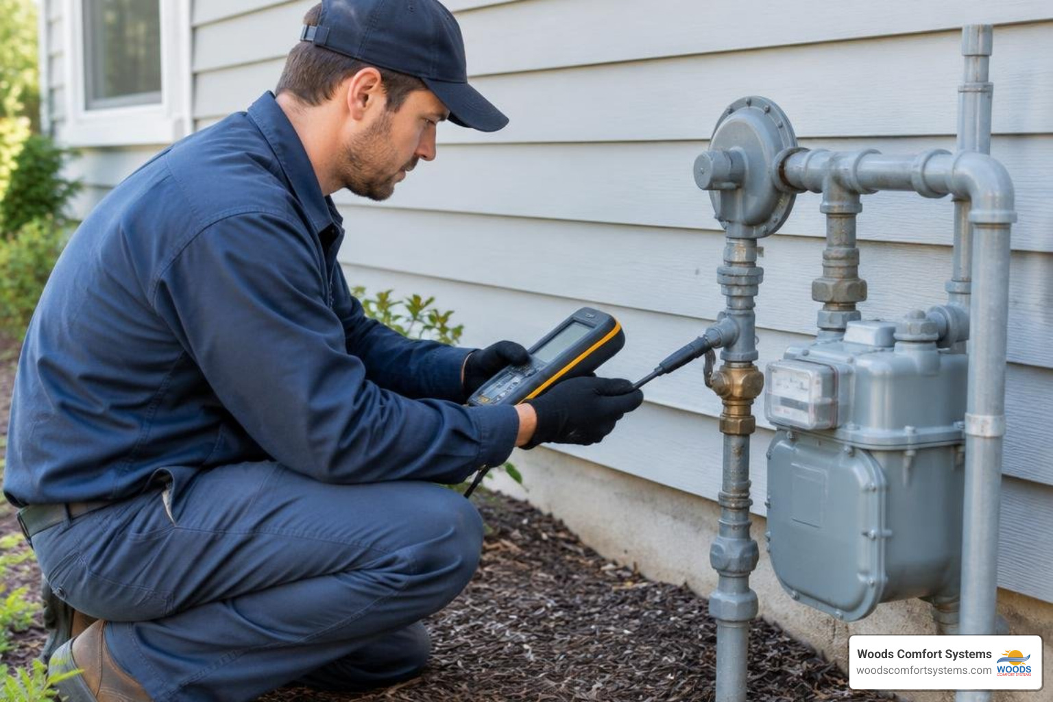 Technician safely inspecting residential natural gas piping near an exterior gas meter