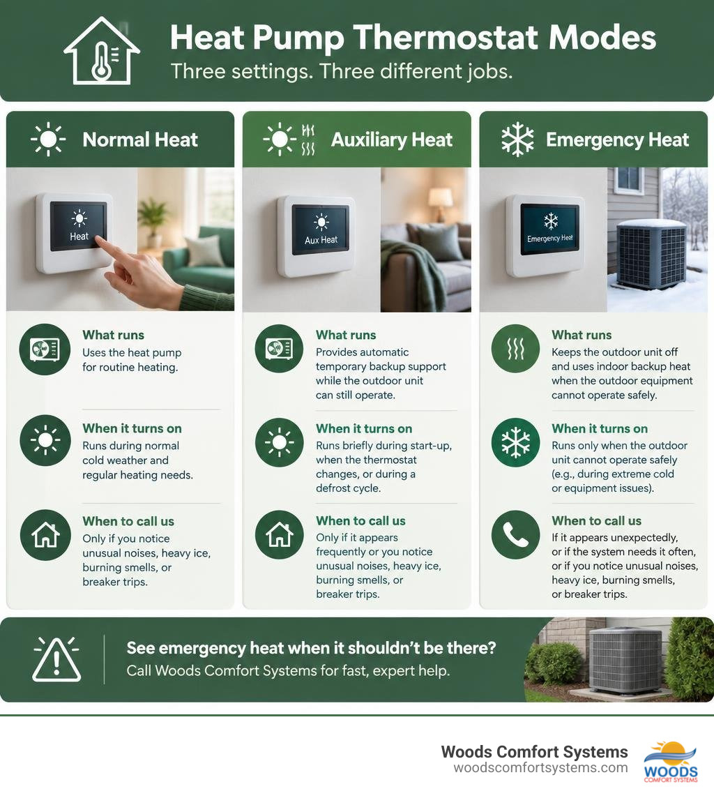 Homeowner infographic comparing normal heat, auxiliary heat, and emergency heat settings infographic Homeowner infographic comparing normal heat, auxiliary heat, and emergency heat settings infographic