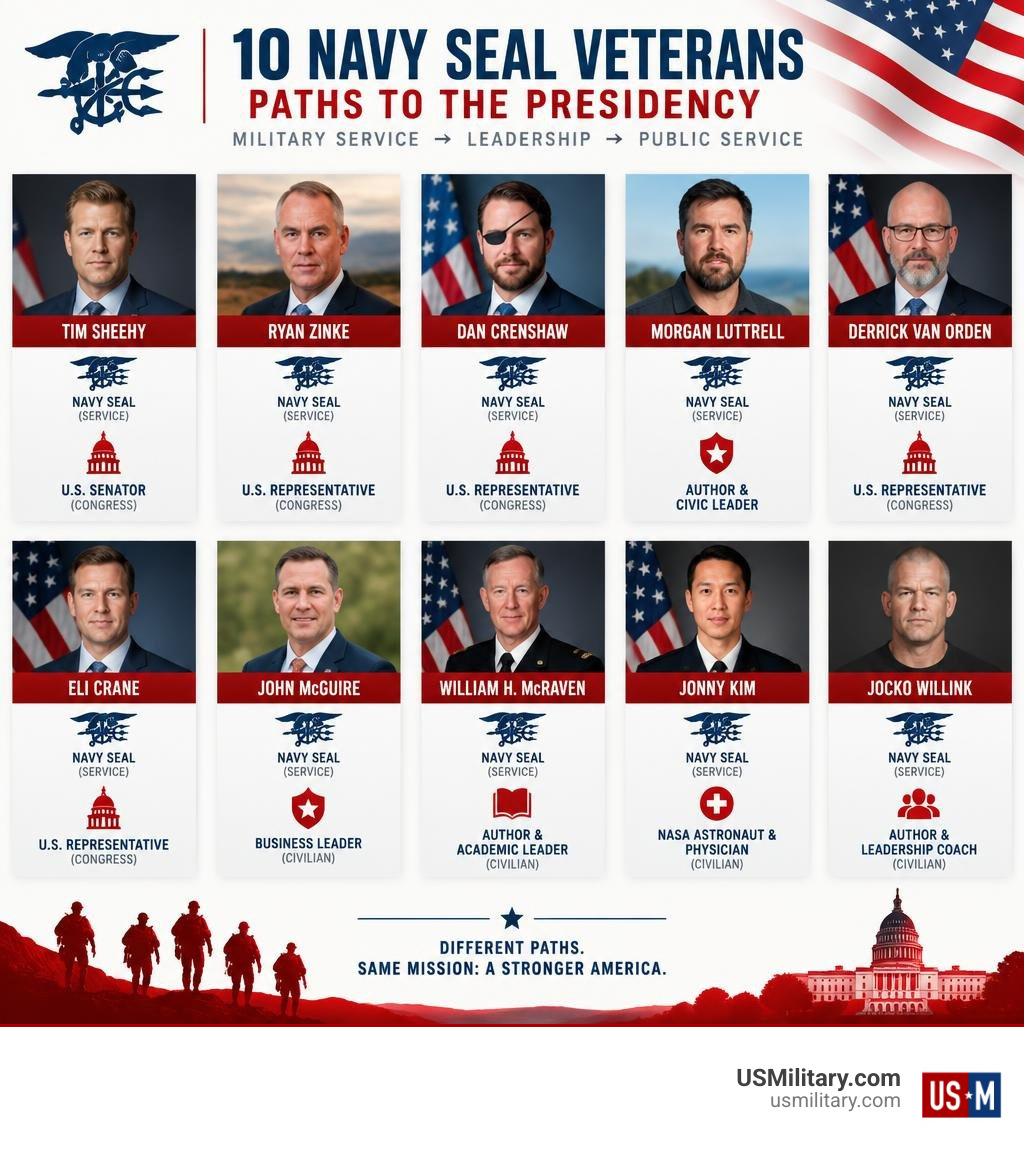 Comparison of 10 Navy SEAL veterans and their paths from military service to Congress or civilian leadership infographic