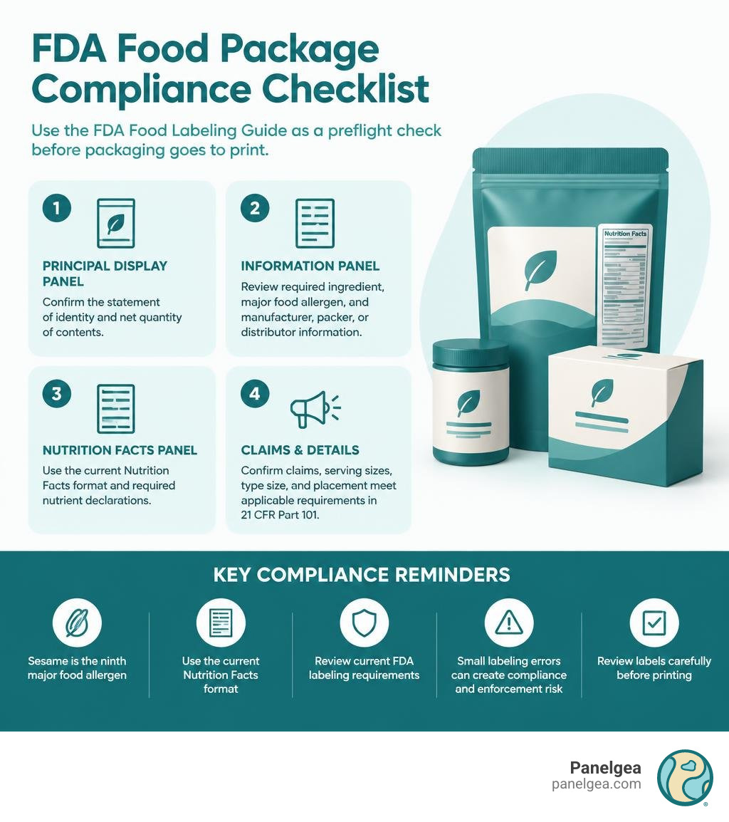 FDA Food Package Compliance Checklist infographic with four packaging label checks and five compliance reminders infographic