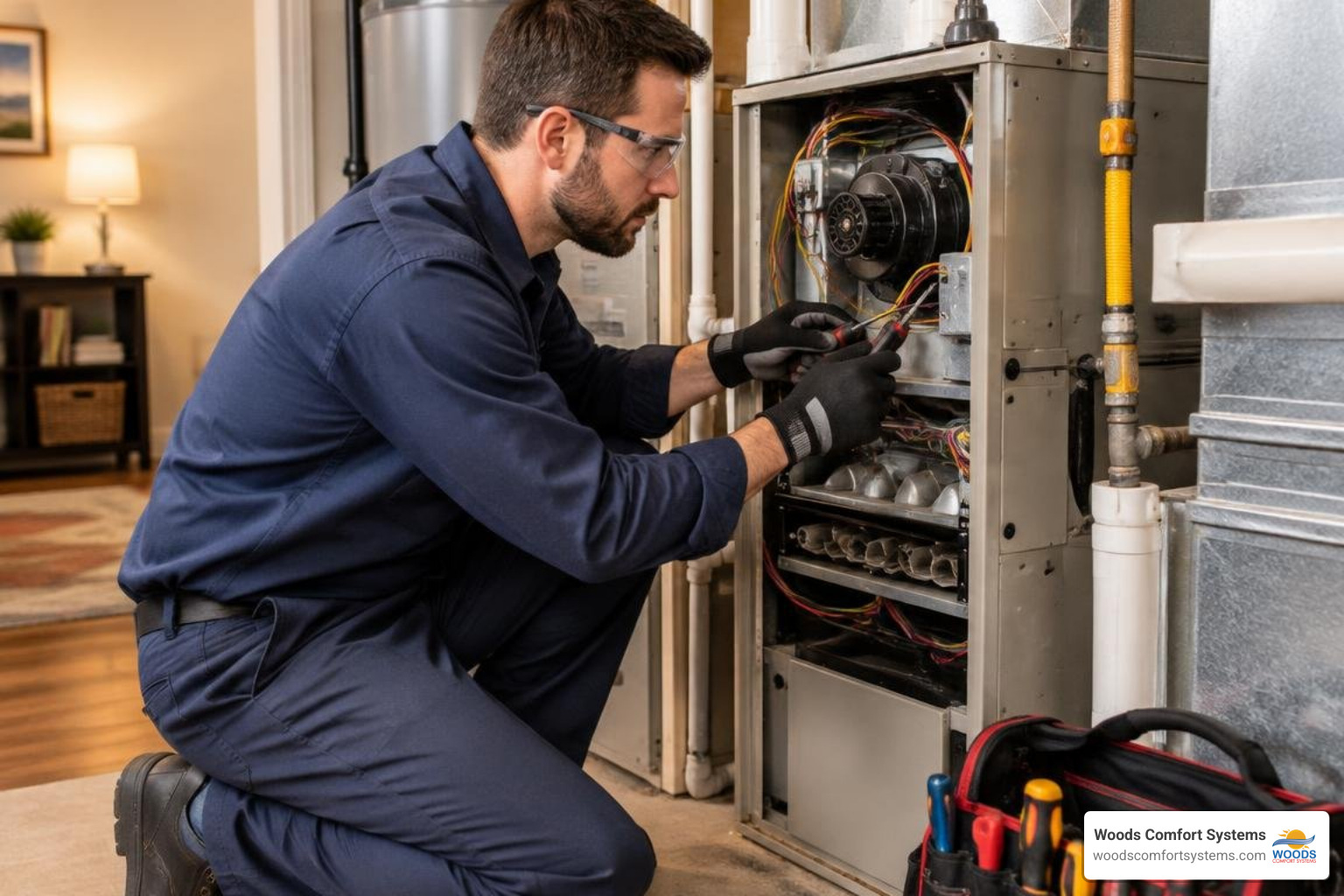 HVAC technician performing a professional fall heating tune-up HVAC technician performing a professional fall heating tune-up