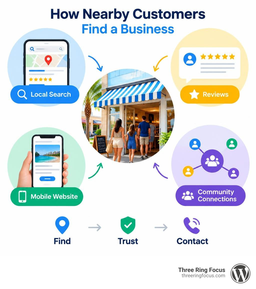 How nearby customers find a business through local search, reviews, a mobile website, and community connections infographic