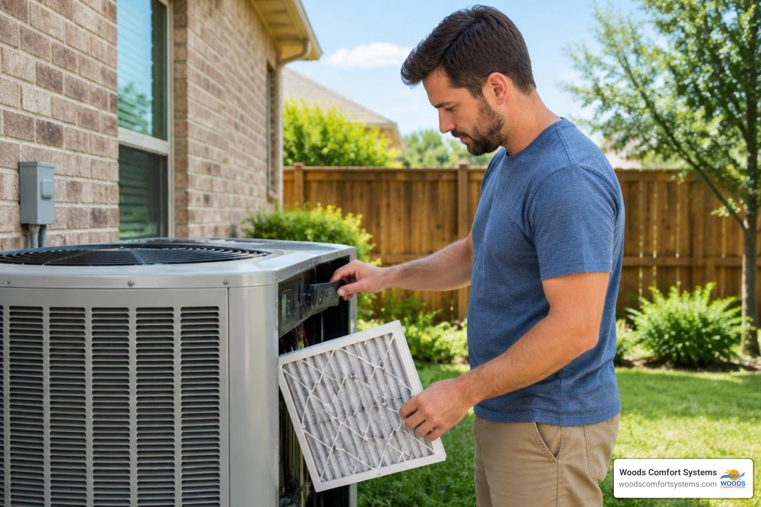 homeowner performing basic HVAC maintenance homeowner performing basic HVAC maintenance